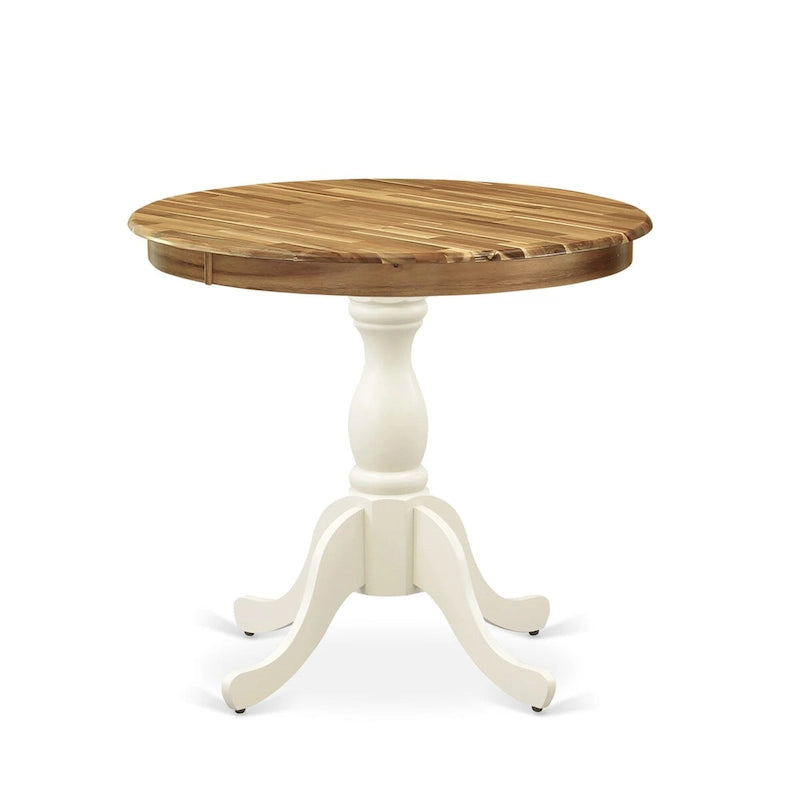East West Furniture Antique Modern Kitchen Table - a Round Dining Table Top with Pedestal Base, Linen White