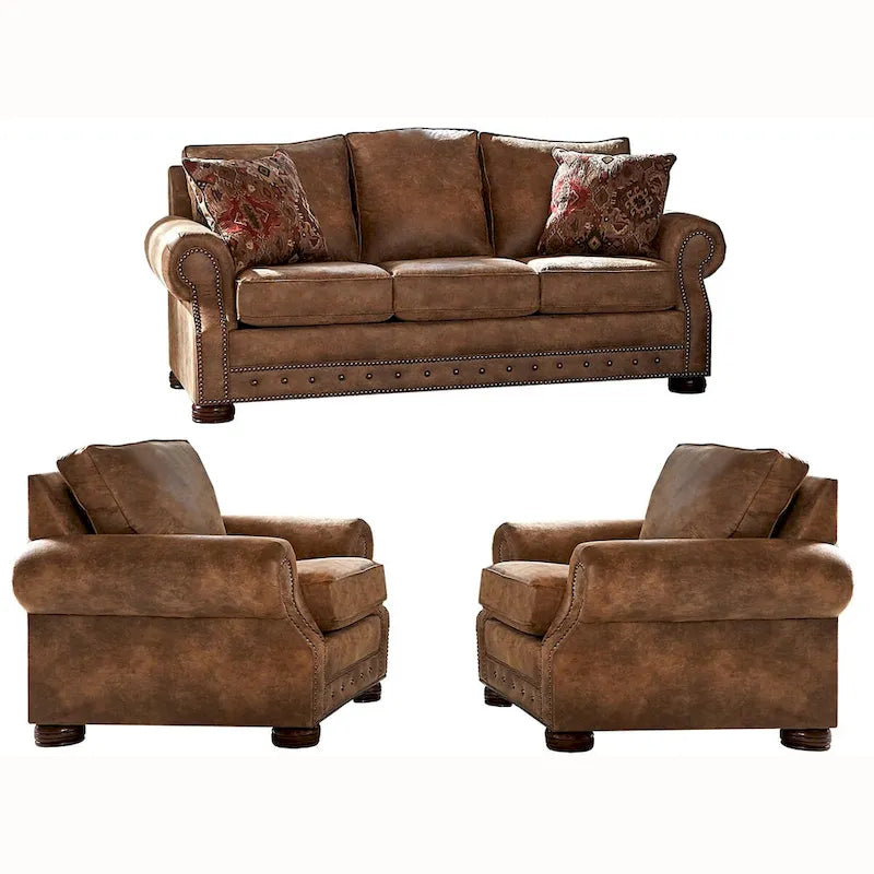 Made in USA Rancho Rustic Brown Buckskin Fabric Sofa Bed and Two Chairs Set