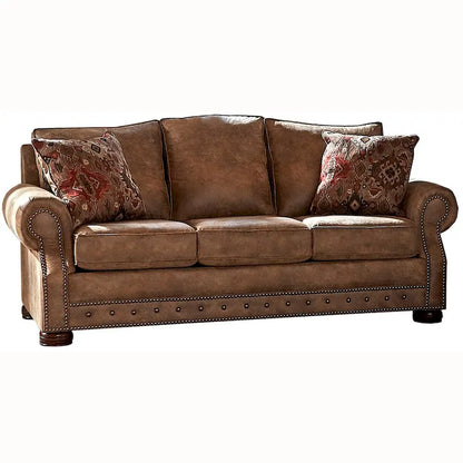 Made in USA Rancho Rustic Brown Buckskin Fabric Sofa Bed and Two Chairs Set