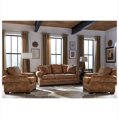 Made in USA Rancho Rustic Brown Buckskin Fabric Sofa Bed and Two Chairs Set
