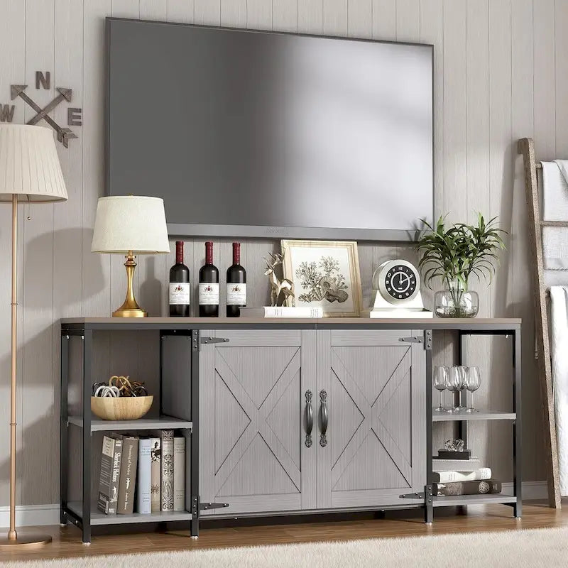 58 Inch Farmhouse TV Stand for up to 65 TV with Doors and Open Shelves