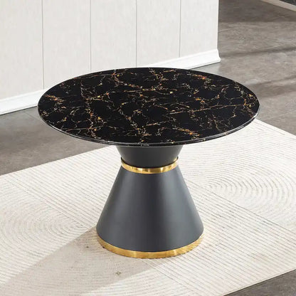 Black Marble Printed MDF Round Dining Table, Black Columnar Base with Gold Annulus(Not Including Chairs)