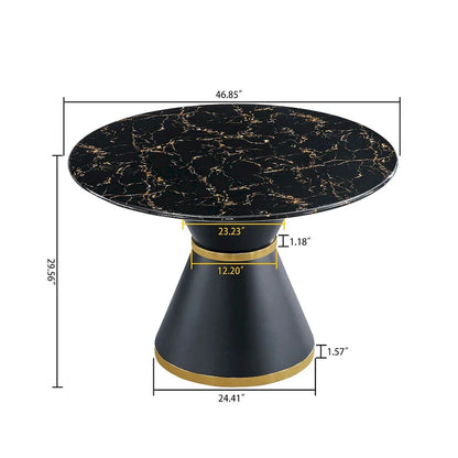 Black Marble Printed MDF Round Dining Table, Black Columnar Base with Gold Annulus(Not Including Chairs)