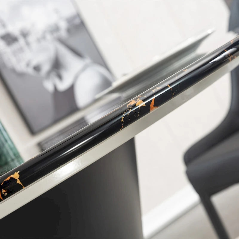 Black Marble Printed MDF Round Dining Table, Black Columnar Base with Gold Annulus(Not Including Chairs)