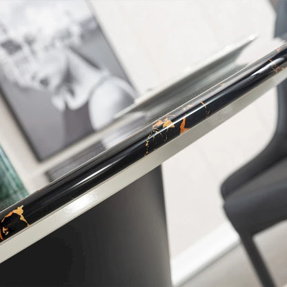 Black Marble Printed MDF Round Dining Table, Black Columnar Base with Gold Annulus(Not Including Chairs)