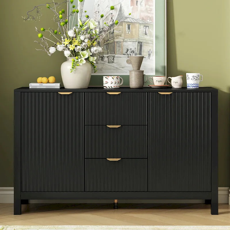 Modern Wave-Design Entryway Cabinet with 3 Adjustable Shelves 2Doors Storage Console Table with3 Drawers