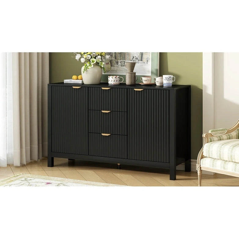 Modern Wave-Design Entryway Cabinet with 3 Adjustable Shelves 2Doors Storage Console Table with3 Drawers