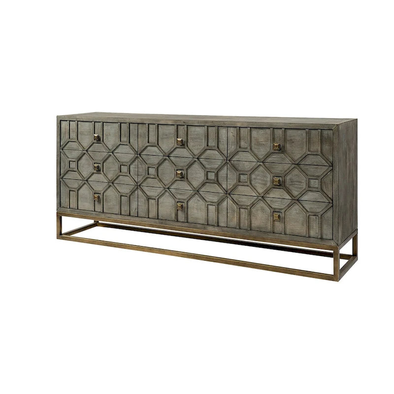 Genevieve II Gray Fir Veneer w/Gold Metal Frame Base 9 Drawer Sideboard