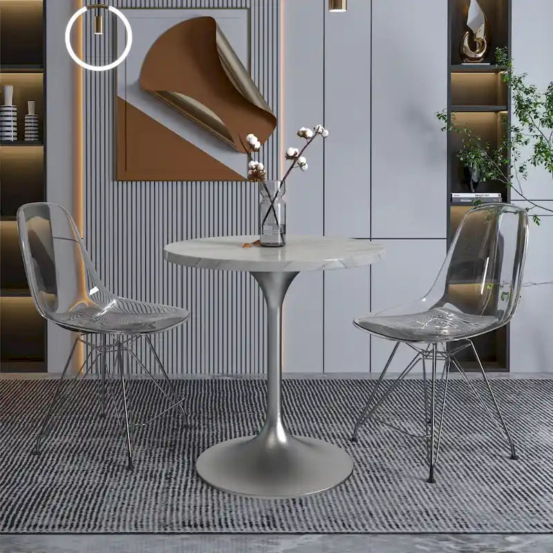 LeisureMod Verve 27 Round Dining Table with Stone TableTop and Brushed Chrome Base for Kitchen & Dining Room