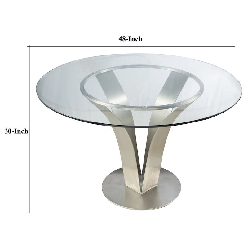 48 Inch Dining Table with Round Glass Top and Metal Base, Chrome