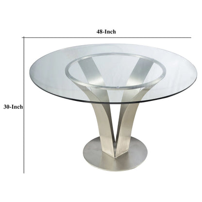 48 Inch Dining Table with Round Glass Top and Metal Base, Chrome