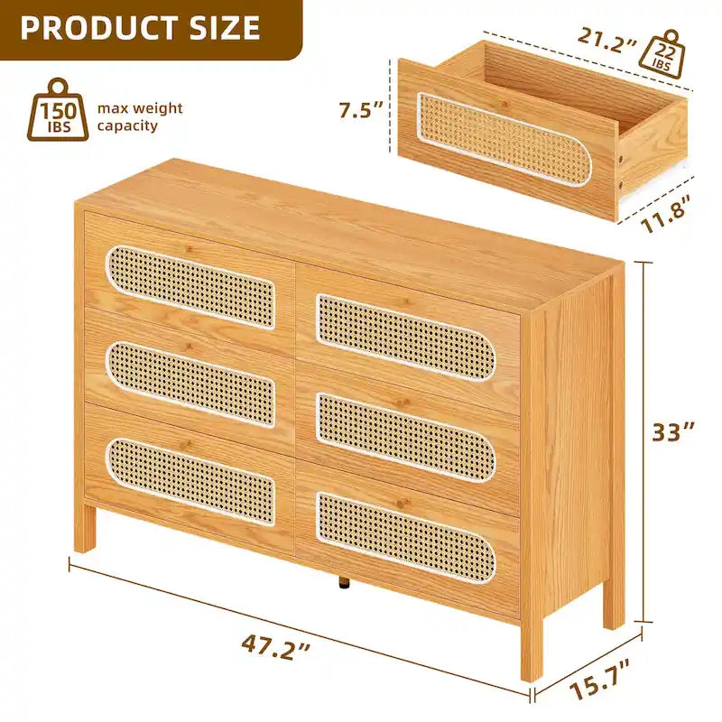 Moasis Rattan 6 Drawer Double Dresser Chest of Drawers Storage Cabinet