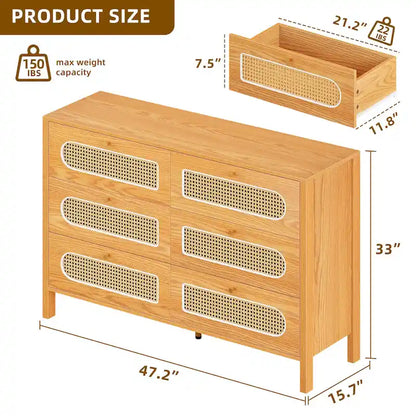 Moasis Rattan 6 Drawer Double Dresser Chest of Drawers Storage Cabinet