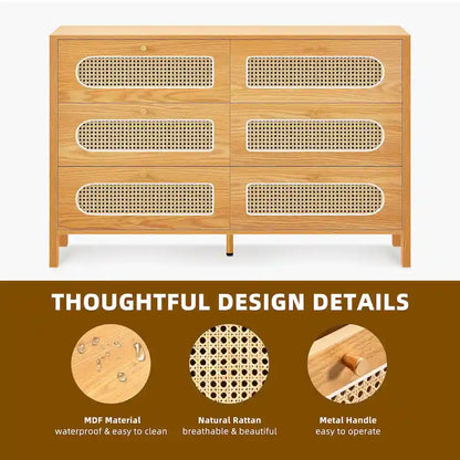 Moasis Rattan 6 Drawer Double Dresser Chest of Drawers Storage Cabinet