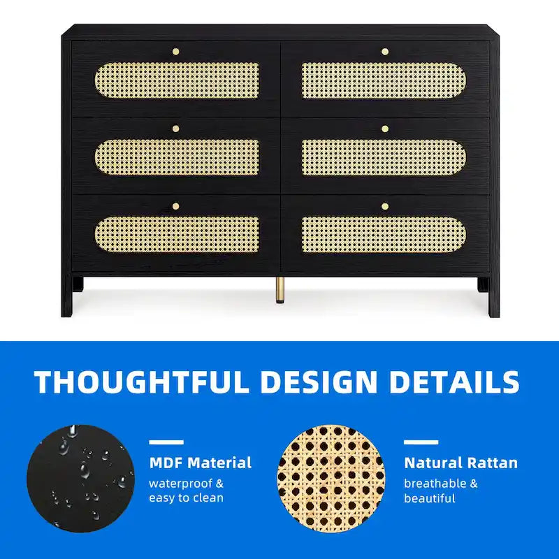 Moasis Rattan 6 Drawer Double Dresser Chest of Drawers Storage Cabinet
