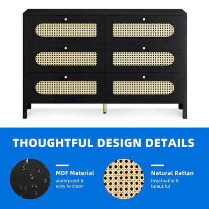 Moasis Rattan 6 Drawer Double Dresser Chest of Drawers Storage Cabinet