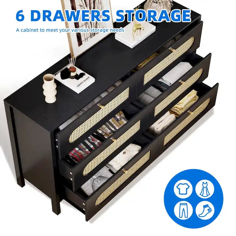 Moasis Rattan 6 Drawer Double Dresser Chest of Drawers Storage Cabinet