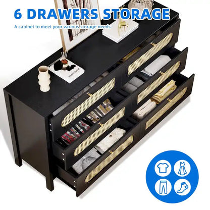 Moasis Rattan 6 Drawer Double Dresser Chest of Drawers Storage Cabinet