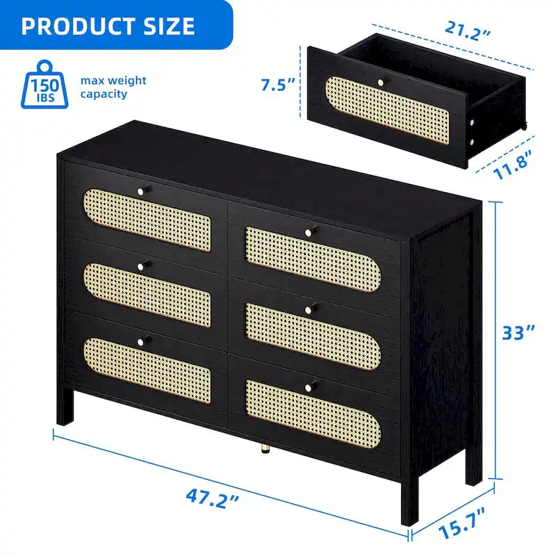 Moasis Rattan 6 Drawer Double Dresser Chest of Drawers Storage Cabinet