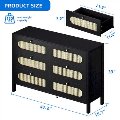 Moasis Rattan 6 Drawer Double Dresser Chest of Drawers Storage Cabinet