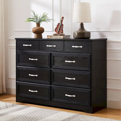 Bedroom dresser, 9 drawer long dresser with antique handles, wood chest of drawers for kids room, living room, entry and hallway