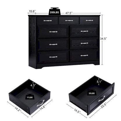 Bedroom dresser, 9 drawer long dresser with antique handles, wood chest of drawers for kids room, living room, entry and hallway