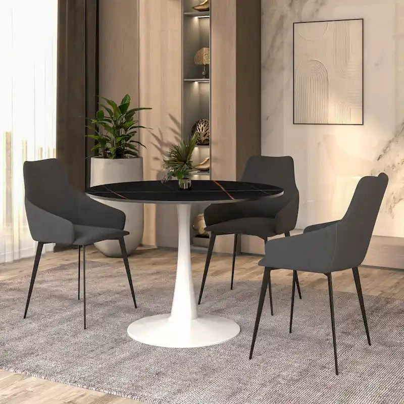LeisureMod Bristol 40 Round Dining Table for 4 with Sintered Stone Tabletop in White Base for Kitchen & Dining Room