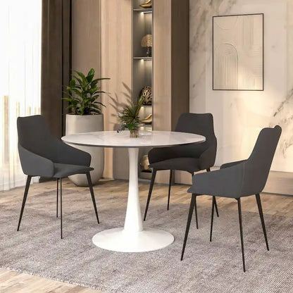 LeisureMod Bristol 40 Round Dining Table for 4 with Sintered Stone Tabletop in White Base for Kitchen & Dining Room