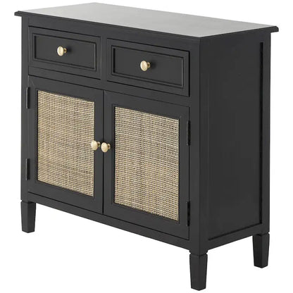 Wood Handmade 2 Drawers and 2 Door Room Cabinet with Rattan Front - Black - Roche River Decor