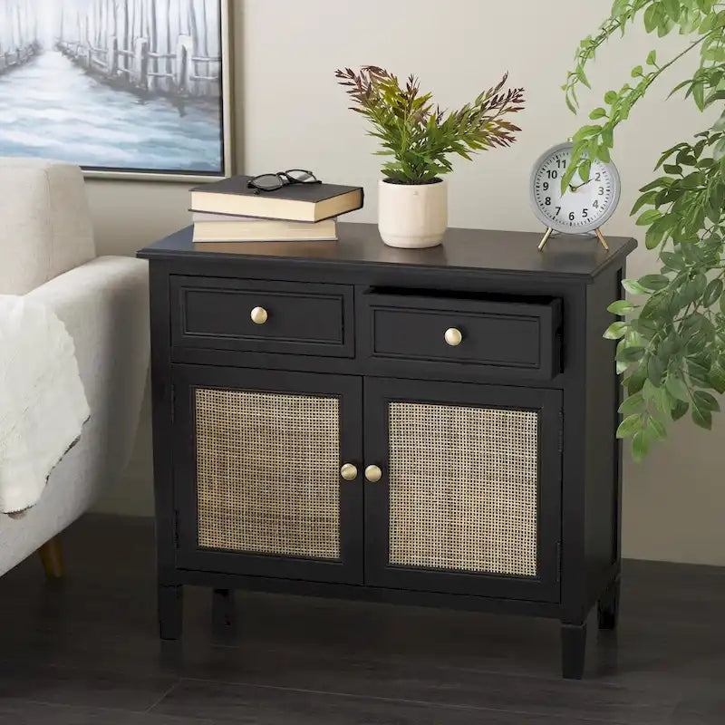 Wood Handmade 2 Drawers and 2 Door Room Cabinet with Rattan Front - Black - Roche River Decor