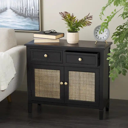 Wood Handmade 2 Drawers and 2 Door Room Cabinet with Rattan Front - Black - Roche River Decor