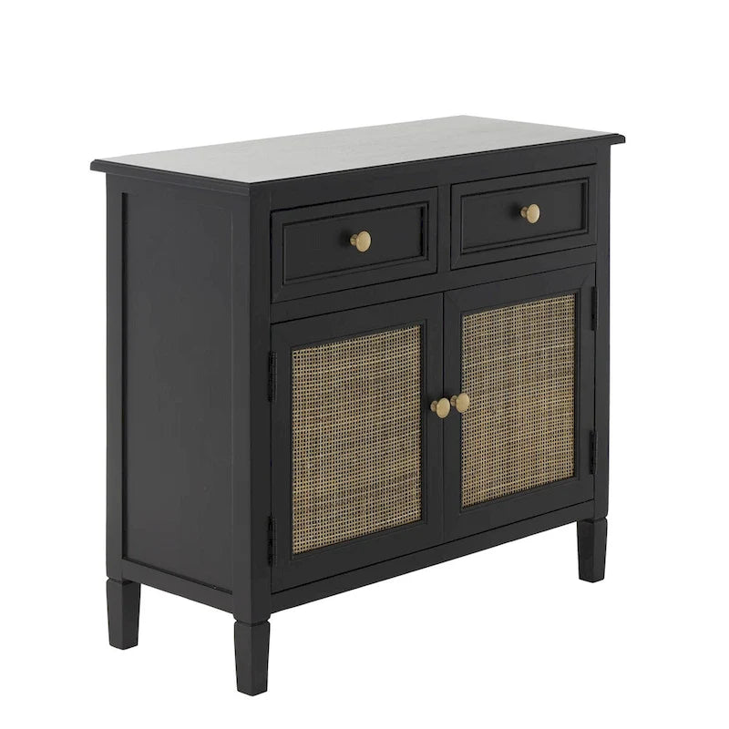 Wood Handmade 2 Drawers and 2 Door Room Cabinet with Rattan Front - Black - Roche River Decor