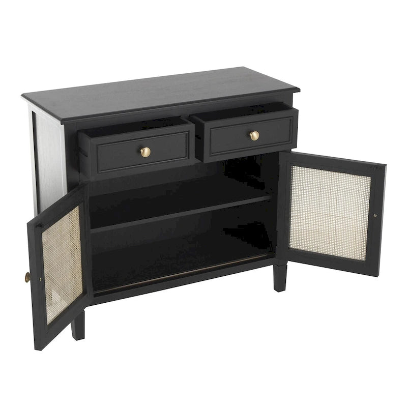 Wood Handmade 2 Drawers and 2 Door Room Cabinet with Rattan Front - Black - Roche River Decor