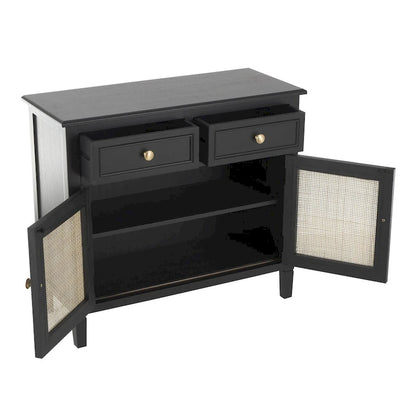 Wood Handmade 2 Drawers and 2 Door Room Cabinet with Rattan Front - Black - Roche River Decor